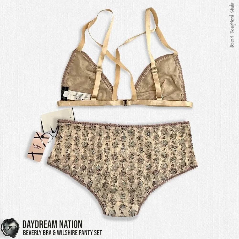 DAYDREAM NATION BEVERLY BRA & WILSHIRE PANTY SET IN TAN DAINTY FLORAL MESH LACE
